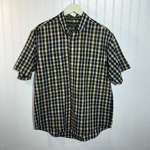 Van Heusen Button Up Top Men Medium 15-151/2 Blue Yellow Plaid Pocket Short Slv